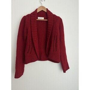 Charlie Robin Red 100% Wool Cardigan Open Knit Front Shawl Collar Knit Sweater